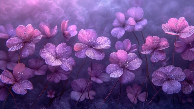  a group of purple flowers with drops of water on them in the middle of a purple and blue photo with a pink background.
