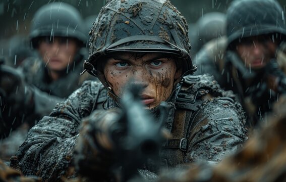 A squad of military soldiers, camouflaged and armed with rifles and assault weapons, brave the rain as they stand in formation under the watchful eye of their noncommissioned officer, ready for comba