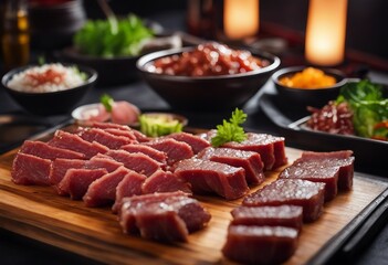 Yakiniku Japanese bbq with raw beef meat dish on the wooden board