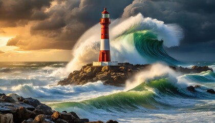 Storm with big waves over the lighthouse at the ocean
