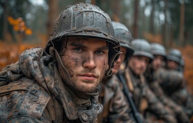 Naklejka premium A squad of camouflaged soldiers, armed with rifles and donning helmets and ballistic vests, stand stoically in formation, embodying the strength and bravery of the military organization they represen