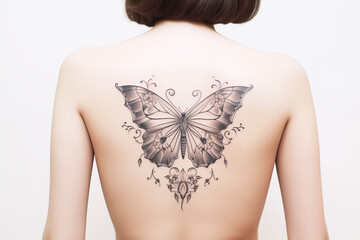 Black butterfly tattoo on skin. Black butterfly tattoo on back. Woman's tattoo, butterfly. Flower tattoo. Tattoo ideas for women. Tattoo parlor. Tattoo artist profession.​