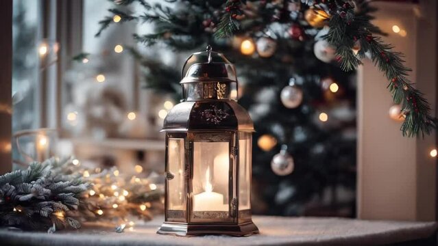 Beautiful vintage lantern, Christmas tree branch