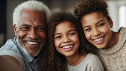 Close-up selfie of a multigenerational interracial family smiling together, with a senior man, and two young girls radiating happiness and warmth.