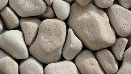 Close-up of pumice rock texture, with a natural porous surface and various shapes and sizes, predominantly in neutral tones.