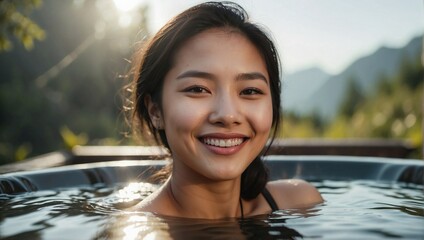 Close-up portrait of an attractive young Asian woman in water, with a radiant smile and sunlight reflecting on the water's surface.