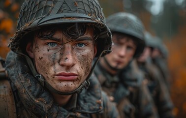 Obraz premium A team of rugged soldiers, their faces marked with determination, stand in the midst of a lush outdoor landscape, clad in camouflaged military uniforms, complete with helmets and ballistic vests, rea