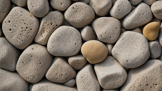Close-up of a pumice stone texture with a variety of smooth rounded shapes and a contrasting single yellowish stone.