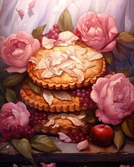  a painting of a tart with roses and grapes on a table with an apple and a butterfly in the background.