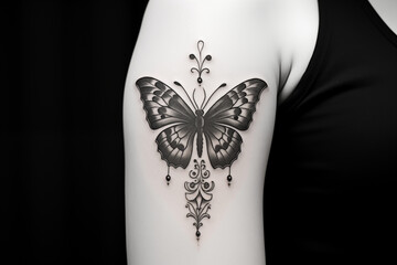 Black butterfly tattoo on skin. Black butterfly tattoo on arm. Woman's tattoo, butterfly. Flower tattoo. Tattoo ideas for women. Tattoo parlor. Tattoo artist profession.​