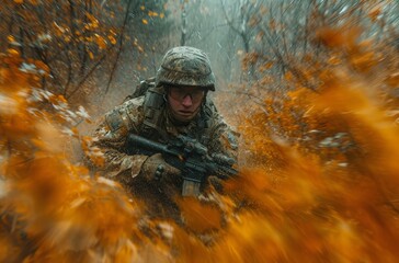 A brave soldier stands among the vibrant orange leaves of the forest, camouflaged and armed with a rifle, representing the strength and dedication of the military - obrazy, fototapety, plakaty