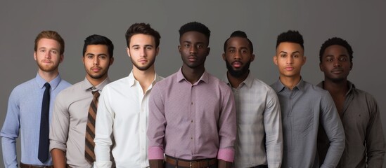 Attractive young male models of diverse cultures in business casual clothing posing on a gray background.
