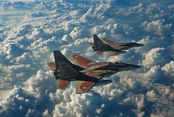 A squadron of sleek fighter jets soar through the clouds, showcasing the power and precision of military air travel in a stunning display of engineering and skill