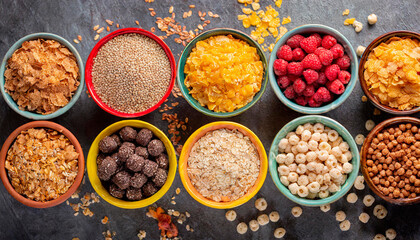 Top view of some bowls with different types of cereals inside. The cereal industry and National Cereal Day History. Copy Space.