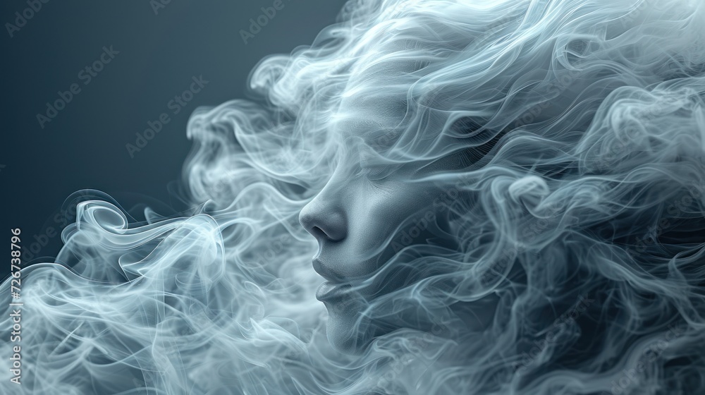 Poster a woman is smoking a cigarette with white smoke coming out of her face and her hair blowing in the w