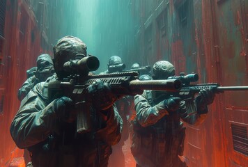 An intense squad of armed soldiers equipped with a variety of deadly weapons stands ready for action in a thrilling action-adventure game setting - obrazy, fototapety, plakaty