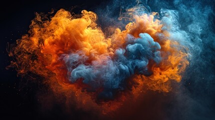  a blue and orange cloud of smoke on a black background with a black background and a red and blue cloud of smoke on the left side of the image.