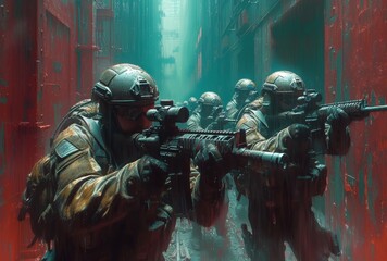 Fototapeta premium Amidst the chaos of a city under siege, a group of heavily armed soldiers stand ready to unleash their deadly arsenal, their helmets and ballistic vests gleaming in the harsh light as they prepare to