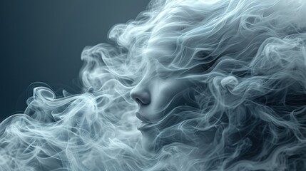  a woman is smoking a cigarette with white smoke coming out of her face and her hair blowing in the wind.