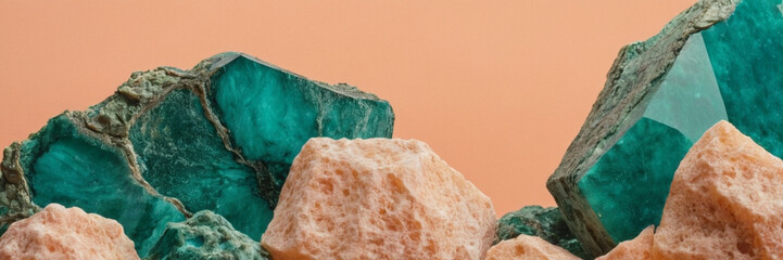 closeup macro view of a blue calcite with gold gemstone mineral on a pastel peachy beige background a picture for banner