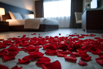 Red rose petals on the floor of a bedroom