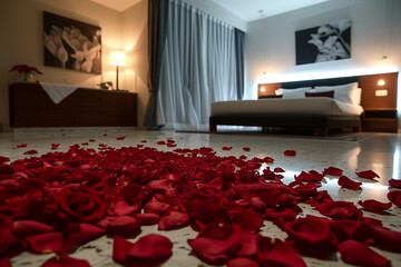 Romantic modern bedroom adorned by a spread of red rose petals covering the floor