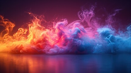  a group of colorful smokes floating on top of a body of water in front of a purple and red background.