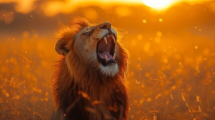 Lion Yawns in Field at Sunset