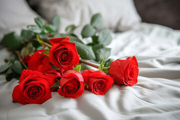 Several bright red roses with green leaves lying on a white bedsheet