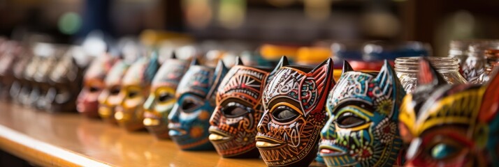 Decorative masks in a row on display at a market with soft focus background - obrazy, fototapety, plakaty