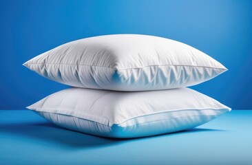 World Sleep Day, bed linen, stack of two white pillows, blue background