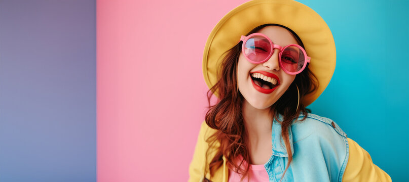 girl portrait with smile, glasses or nerd. Romantic girl in trendy glasses posing with shy smile. Indoor photo of graceful young woman in summer attire and accessories.