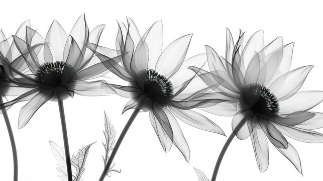  a group of black and white flowers on a white background with a black and white photo in the middle of the picture.