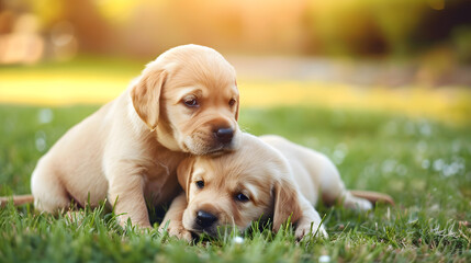 two cute labrador puppies playing on the grass, generative ai