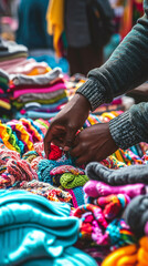 Selecting Knitted Clothes at thrift store