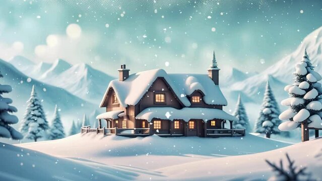 Cottage, Winter Wonderland, Snow, Night, Sky, Aurora, Landscape Scenery, Village, Wooden House, Castle, Nature Ambience, Outdoor, Snowfall, Snow Falling, Loop Video 4K Background, AI, winter ambience