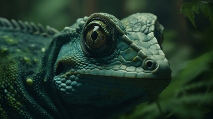 Fototapeta premium A macro shot of a green iguana. Completely green background