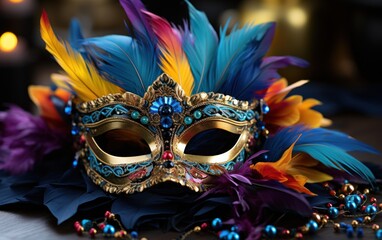 Ornate carnival mask adorned with feathers and jewels against a dark backdrop