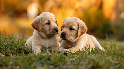 two cute labrador puppies playing on the grass, generative ai - 726739555