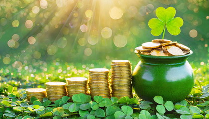 St Patrick's day concept, pot full of gold coins on clover field - obrazy, fototapety, plakaty