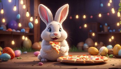 A sweet white Easter bunny eats a pizza