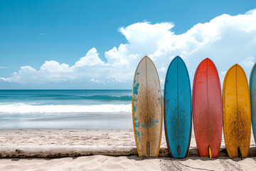 Surfboard and palm tree on beach with beach sign for surfing area. Travel adventure and water sport. relaxation and summer vacation concept. vintage color tone image.