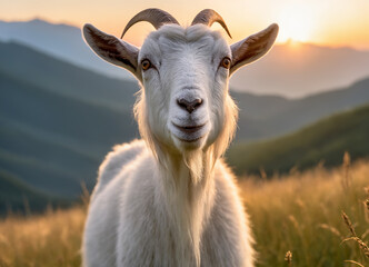 Fototapeta premium a goat standing in a field at sunset