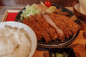 Lunch set menu, Tonkatsu, Deep fried pork with rice, miso soup and cabbage salad. 