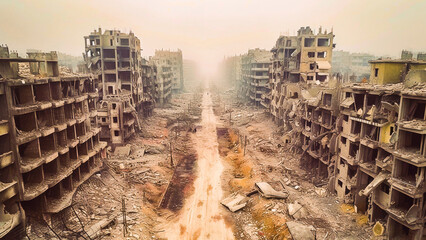 A haunting image of a war-torn city with devastated buildings lining an empty, rubble-filled street. - obrazy, fototapety, plakaty