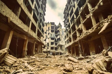 Fototapeta premium A haunting urban scene of a destroyed building in a war-torn area, showcasing the devastation and desolation left behind.