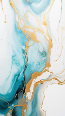 A HD close up of a minimalist acrylic marble painting. The painting is kept in black, white, turquoise and golden colors.