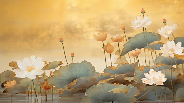 Abstract Japanese Ukiyo-e gold leaf Byobu of lotus flowers and lily pads in a swamp