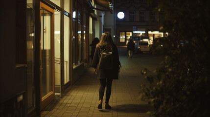 Young woman walking home alone late at night. Women's safety and stalking crime concept. AI generated