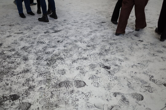 Bustling city sidewalk, immortalizing the myriad footprints left by pedestrians.